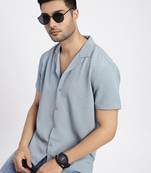 men's blue cuban collar relaxed fit solid shirt