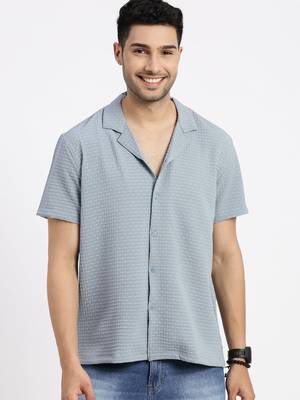 men's blue cuban collar relaxed fit solid shirt 2
