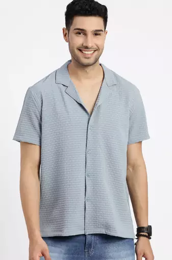 men's blue cuban collar relaxed fit solid shirt