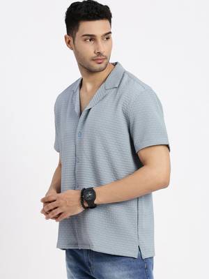 men's blue cuban collar relaxed fit solid shirt 3