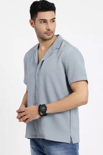 men's blue cuban collar relaxed fit solid shirt
