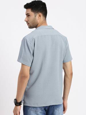men's blue cuban collar relaxed fit solid shirt 4