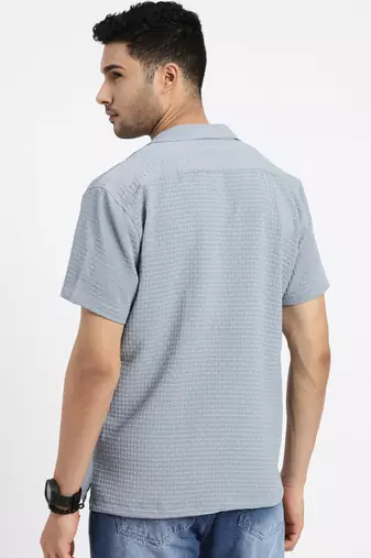men's blue cuban collar relaxed fit solid shirt