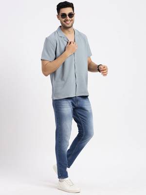men's blue cuban collar relaxed fit solid shirt 5