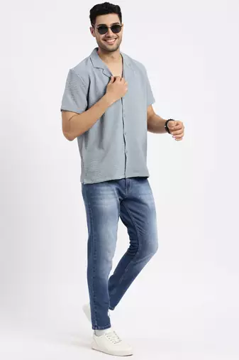 men's blue cuban collar relaxed fit solid shirt