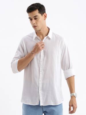 men's long sleeves solid slim fit white shirt 2