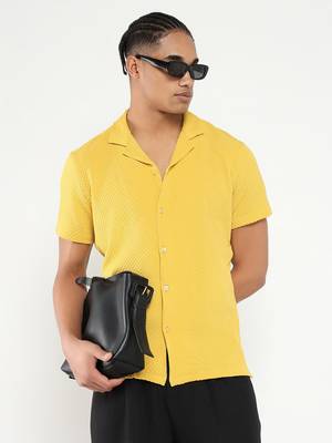 men's yellow cuban collar relaxed fit solid shirt 1