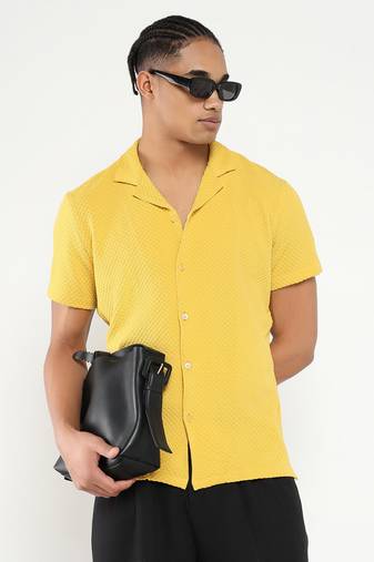 men's yellow cuban collar relaxed fit solid shirt