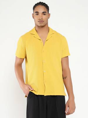men's yellow cuban collar relaxed fit solid shirt 2
