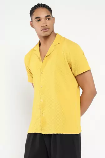 men's yellow cuban collar relaxed fit solid shirt