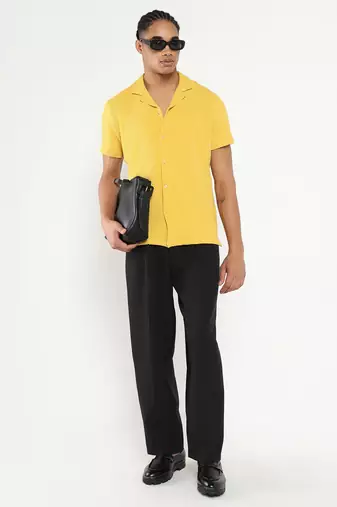 men's yellow cuban collar relaxed fit solid shirt