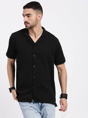 men's black cuban collar relaxed fit solid shirt 1