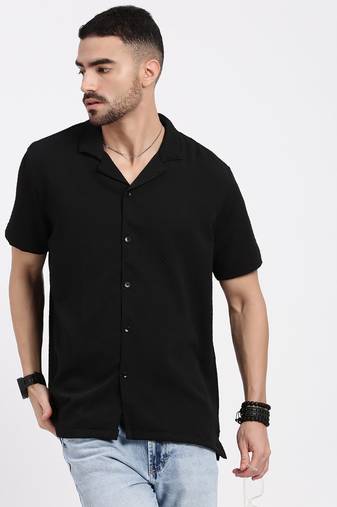 men's black cuban collar relaxed fit solid shirt