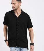 men's black cuban collar relaxed fit solid shirt
