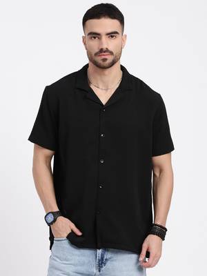 men's black cuban collar relaxed fit solid shirt 2