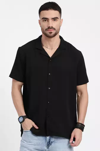 men's black cuban collar relaxed fit solid shirt