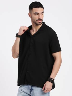 men's black cuban collar relaxed fit solid shirt 3