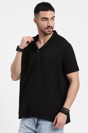 men's black cuban collar relaxed fit solid shirt