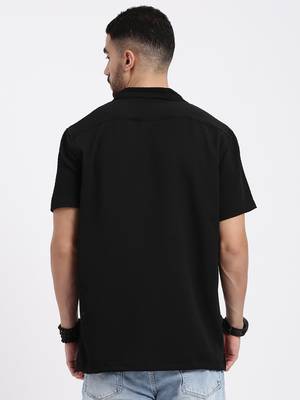 men's black cuban collar relaxed fit solid shirt 4