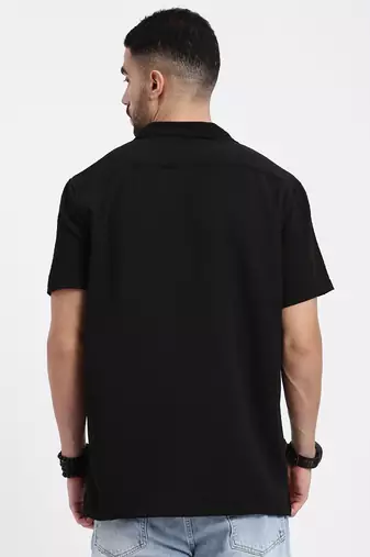 men's black cuban collar relaxed fit solid shirt