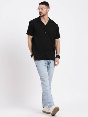 men's black cuban collar relaxed fit solid shirt 5