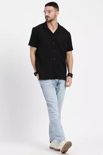men's black cuban collar relaxed fit solid shirt