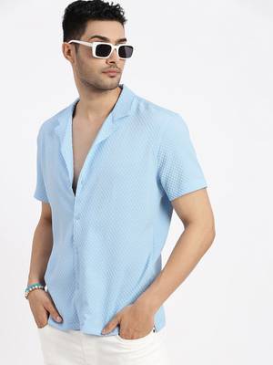 men's blue cuban collar relaxed fit solid shirt 1