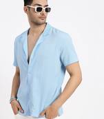 men's blue cuban collar relaxed fit solid shirt