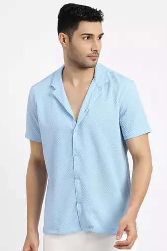 men's blue cuban collar relaxed fit solid shirt