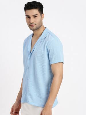 men's blue cuban collar relaxed fit solid shirt 3