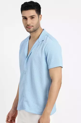 men's blue cuban collar relaxed fit solid shirt