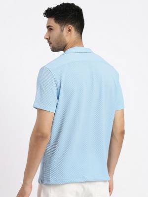 men's blue cuban collar relaxed fit solid shirt 4