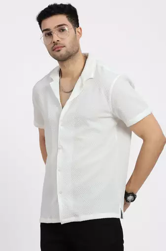 men's off white cuban collar relaxed fit solid shirt