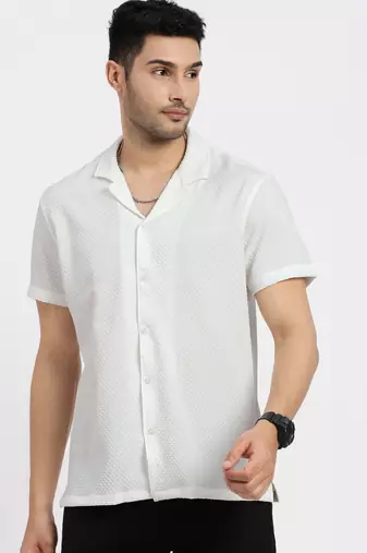 men's off white cuban collar relaxed fit solid shirt