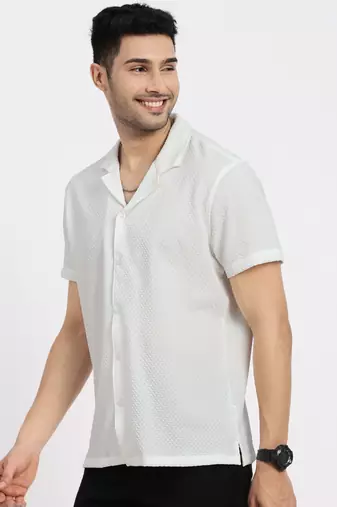 men's off white cuban collar relaxed fit solid shirt