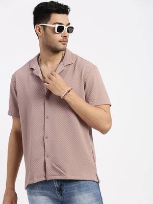 men's brown cuban collar relaxed fit solid shirt 1