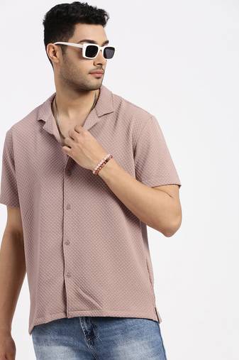 men's brown cuban collar relaxed fit solid shirt