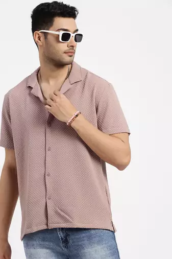 men's brown cuban collar relaxed fit solid shirt