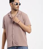 men's brown cuban collar relaxed fit solid shirt