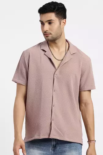 men's brown cuban collar relaxed fit solid shirt