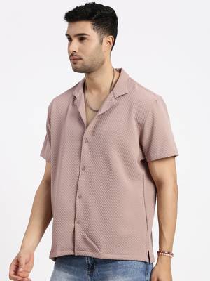 men's brown cuban collar relaxed fit solid shirt 3