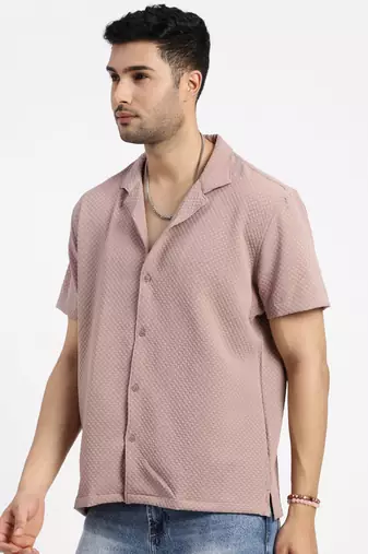 men's brown cuban collar relaxed fit solid shirt