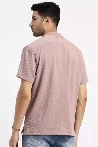 men's brown cuban collar relaxed fit solid shirt