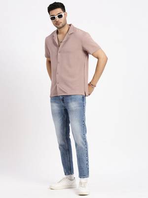 men's brown cuban collar relaxed fit solid shirt 5