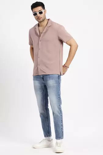 men's brown cuban collar relaxed fit solid shirt