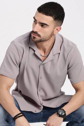 men's mauve cuban collar relaxed fit solid shirt