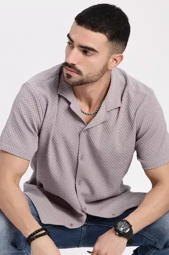 men's mauve cuban collar relaxed fit solid shirt