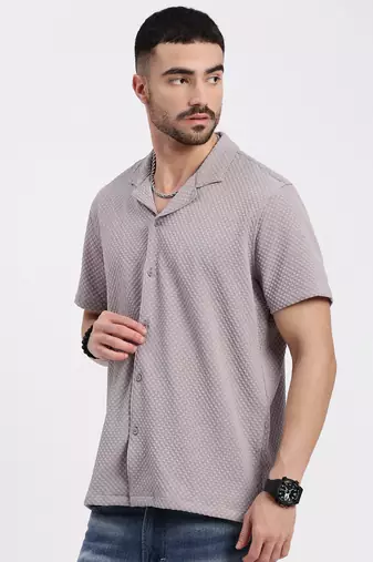 men's mauve cuban collar relaxed fit solid shirt