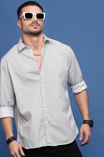men's white geometric slim fit shirt