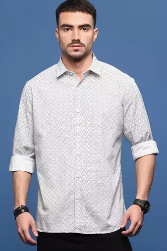 men's white geometric slim fit shirt